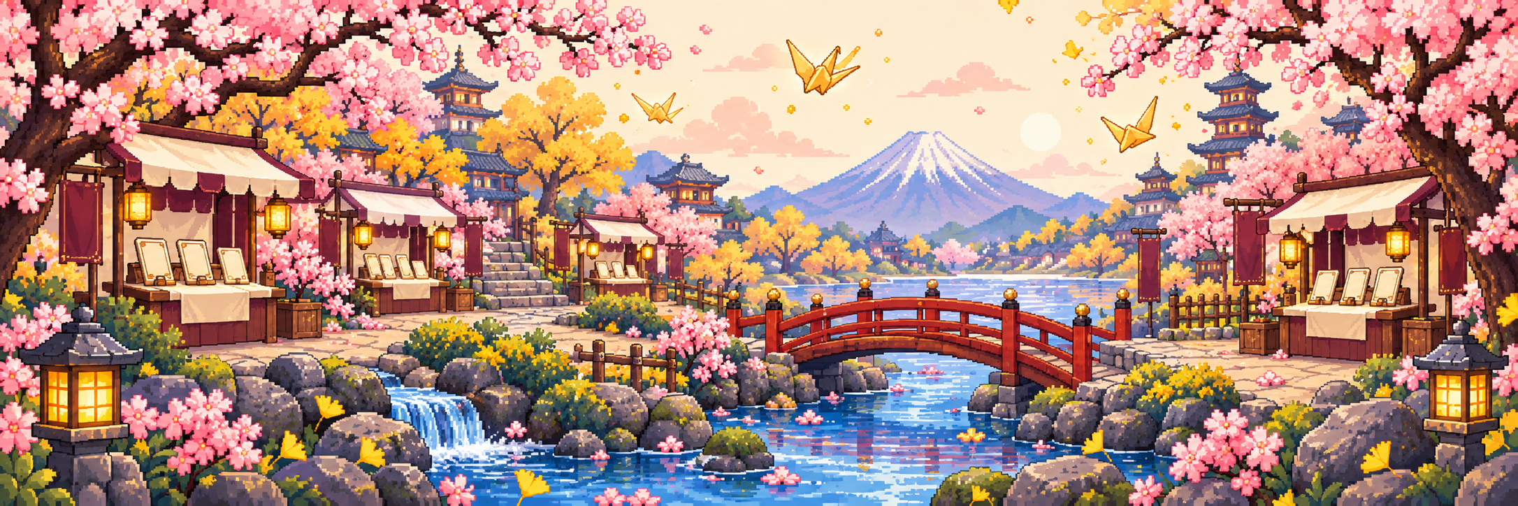 Pixel-art trading garden with pink cherry blossom, blue water and a snowy mountain
